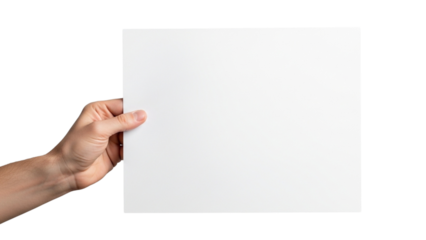 Male hand holding white sheet of paper isolated