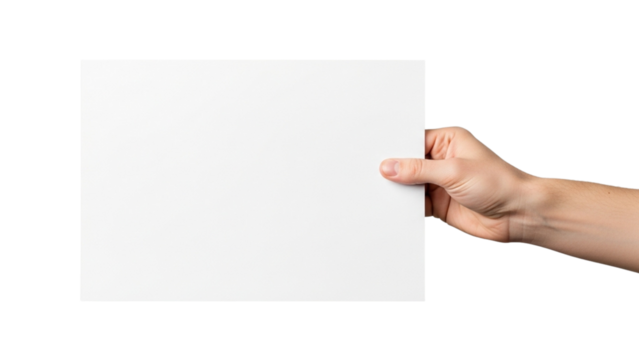 Hand displaying horizontal white paper with copy space
