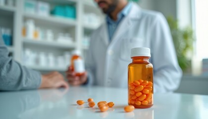 Pharmacist consults patient about pill medication. Person advises on bottle dosage and health plan. Discussing treatment options and prescription choices.