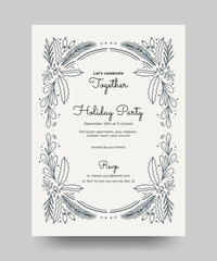Christmas party invitation with branches, winter floral element. Minimalist vintage line art style perfect for poster, invitation, cards, greetings or cover.