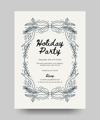 Christmas party invitation with branches, ribbon bow, winter floral element. Minimalist vintage line art frame perfect for poster, invitation, cards, greetings or cover