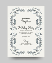 Christmas party invitation with branches, winter floral element. Minimalist vintage line art style perfect for poster, invitation, cards, greetings or cover.