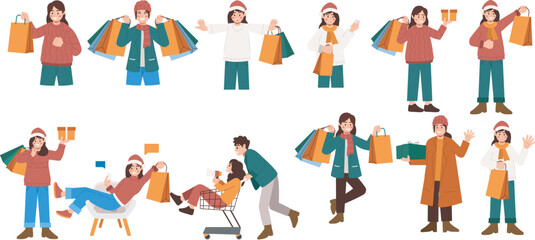 Holiday Shopping Characters Illustration – Christmas Winter Sale People