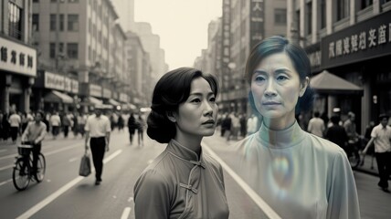 Fototapeta premium Shanghai Echoes: 1960s Woman Sees 2030 Self