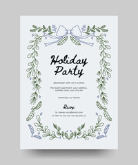 Christmas party invitation with branches, ribbon bow, winter floral element. Minimalist vintage line art frame perfect for poster, invitation, cards, greetings or cover