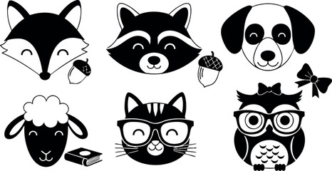 Obraz premium Cute animal faces with glasses and accessories including fox, raccoon, dog, sheep, cat, and owl in black and white vector design