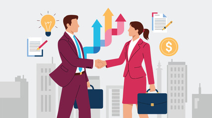Business agreement scene with man and woman shaking hands, surrounded by icons of finance, planning, innovation, and corporate growth