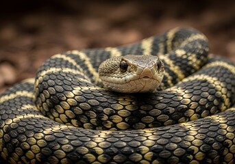 Obraz premium Intense close-up of a coiled venomous bush viper snake, displaying intricate scale patterns and a watchful gaze
