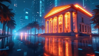 Glowing neoclassical bank building with palm trees in futuristic city at night. Digital finance, crypto economy, and fintech concepts visualized.