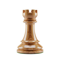 A single wooden chess rook piece with a transparent background, showcasing its detailed texture