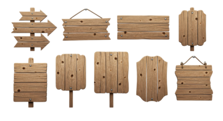 Rustic collection of natural wooden signs in diverse shapes for wayfinding and information