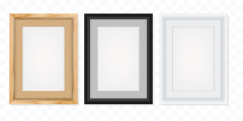 Realistic Picture Frames Set - White, Black and Wooden with Shadow | Vector Illustration Transparent Background