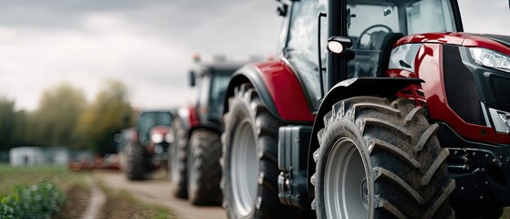 Modern tractor tires lined up on farmland under clear blue sky showcasing the intricate details of wheels and operator's seat