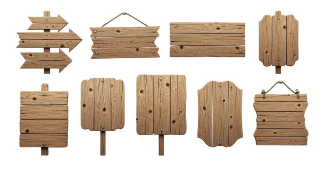Rustic collection of natural wooden signs in diverse shapes for wayfinding and information