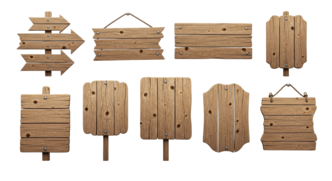 Rustic collection of natural wooden signs in diverse shapes for wayfinding and information