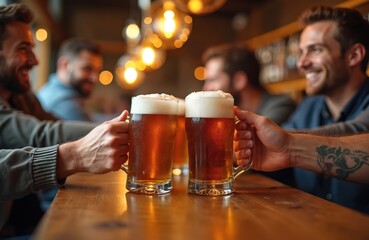 Men clink beer glasses at bar counter. Friends enjoy drinks, conversation, and fellowship. Laughter and good times shared indoors in a cozy pub setting with warm lighting.