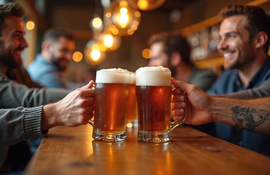 Men clink beer glasses at bar counter. Friends enjoy drinks, conversation, and fellowship. Laughter and good times shared indoors in a cozy pub setting with warm lighting.