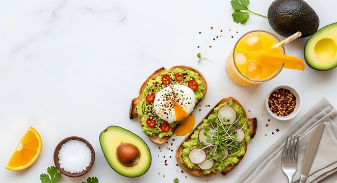 Avocado toast with egg and fresh juice, a delightful brunch presentation