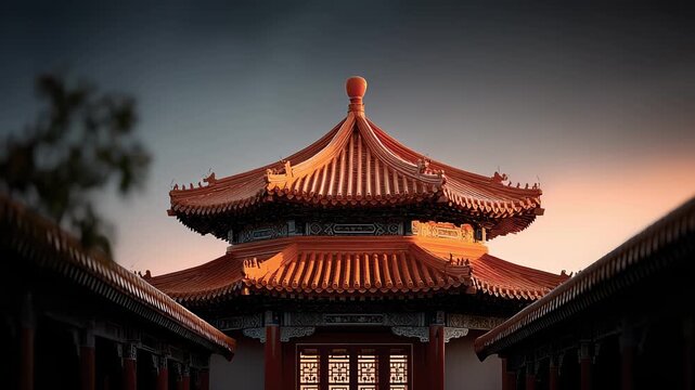 The eaves of the Tang Dynasty palace building under the sunset show its glory