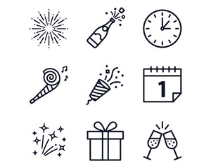 New year celebration line icons.