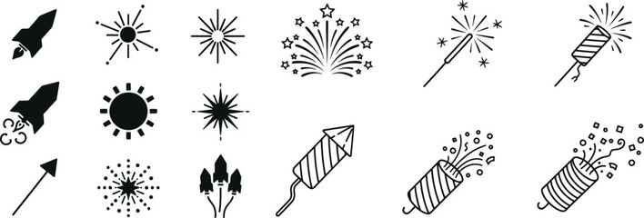 Festive pyrotechnics line icons
