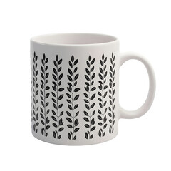 White ceramic mug with black botanical leaf pattern, isolated on transparent background