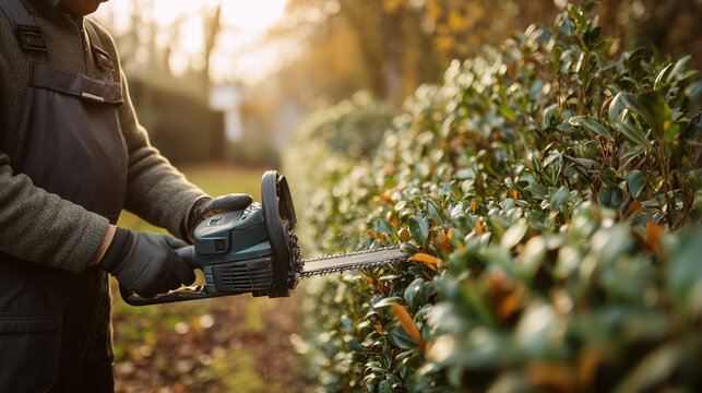 Maintenance garden with gardener trimming hedge using electric trimmer in soft evening light during seasonal garden care