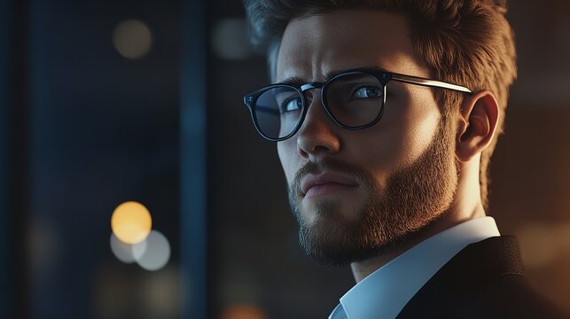 Close up portrait of a handsome man with glasses looking over his shoulder at night