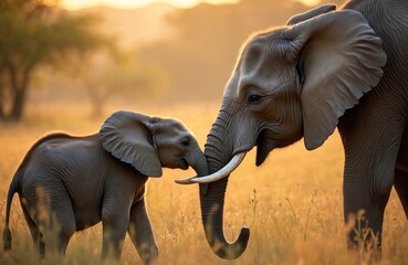 Mother elephant and baby elephant touch trunks in savannah. Female elephant and young elephant interact in wild. Elephant family in natural habitat at sunset.