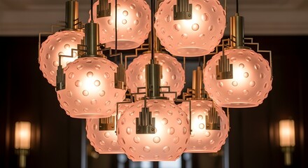 Modern Chandelier Cluster of Glass Spheres, Warm Illumination, Brass Fixture Detail

Elegant Mid-Century Inspired Hanging Light