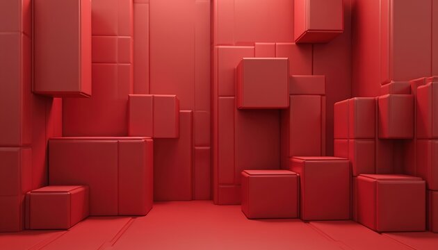Red blocks, cubes arranged in dynamic pattern. 3d render shows geometric shapes creating modern minimalist background. Shadows add depth to creative tech design, providing vibrant, clean,