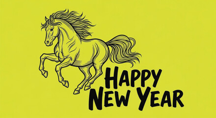 A dynamic horse illustration paired with a cheerful New Year wish creates a vibrant illustration, perfect for festive greetings and celebratory designs. 
