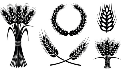 Fototapeta premium Wheat ears bundle and laurel wreath vector silhouettes for agriculture and harvest design elements