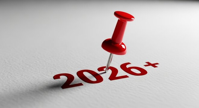 Red Push Pin Marking the Year 2026 on Textured Paper, Macro Concept for Future Planning and Goals