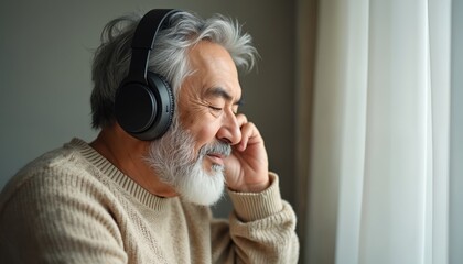Elderly Asian man with gray hair and beard wears headphones listening to music indoors near window. He has peaceful expression and wears beige sweater enjoying relaxed atmosphere and quiet moment.