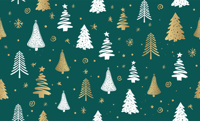 Christmas tree pattern on green background, Hand drawn illustrations.