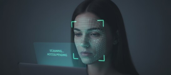 Woman focusing on an interface displaying a digital grid overlaying her face, indicating a biometric face id system is scanning for identification and access pending