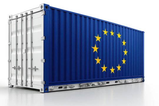Shipping container with European Union flag &ndash; EU trade, export, and global logistics