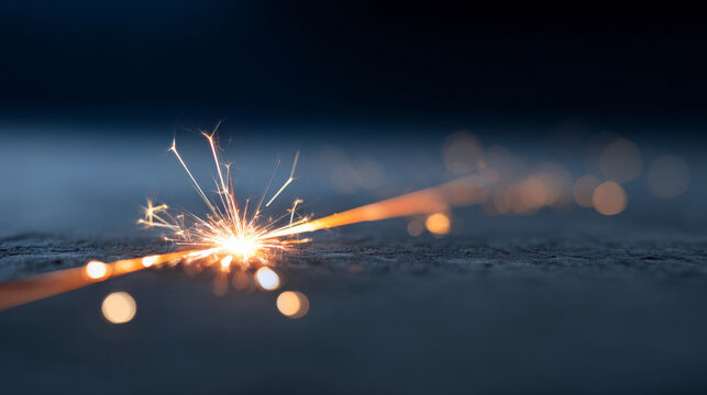 Close-up of a bright sparkler igniting on a dark surface with glowing sparks and bokeh lights in the background