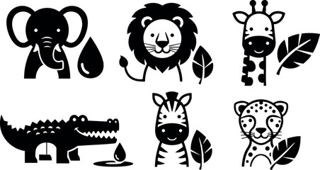 Fototapeta premium African safari animals collection vector icons with elephant lion giraffe crocodile zebra and cheetah design