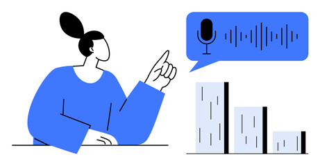 Woman gesturing toward soundwave display and microphone symbol beside bar charts. Ideal for voice technology, digital communication, data analysis, AI, user interface, innovation, business. Simple