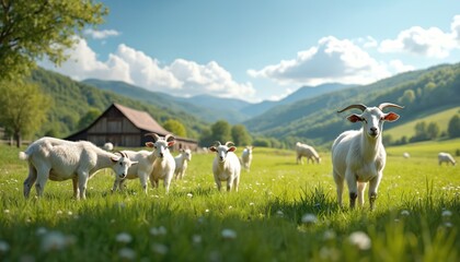 Naklejka premium Flock of white goats graze in green field near barn. Farm animals eat grass in pasture in countryside. Scenic mountain landscape at sunny summer day. Concept of animal farming.