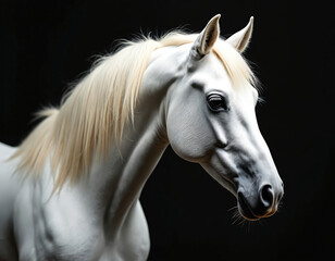 Naklejka premium White horse head in profile on black background. Majestic animal has blonde mane and elegant look. Focus on face, eye, nose. Dramatic contrast highlights power.