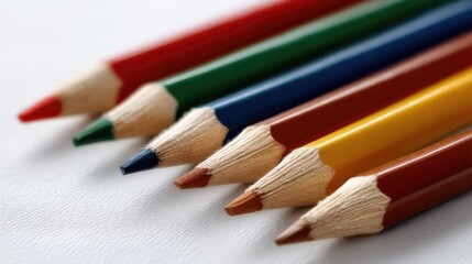 Obraz premium Close-up view of colorful pencils arranged neatly on a white background, perfect for creative projects and educational materials