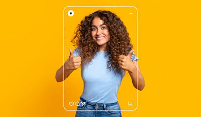 A cheerful young woman with curly hair smiles while giving thumbs up. She is standing in front of a vibrant yellow background.