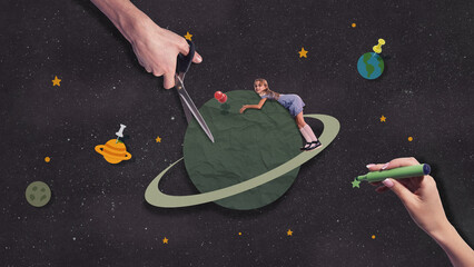 Girl standing on paper planet in surreal handmade universe. Concept of childhood imagination, creative growth, and connection between art and science education.