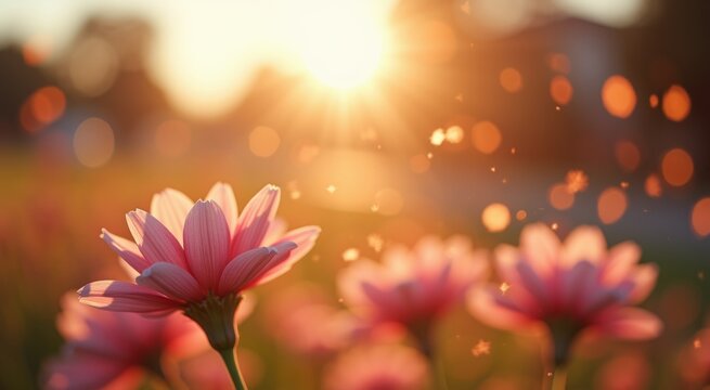 Many pink flowers in a field with the sun shining