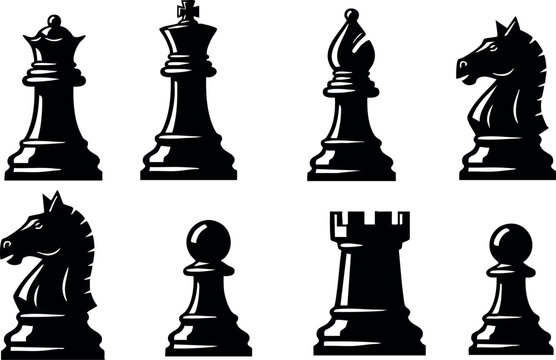 Black chess pieces set with king bishop knight pawn rook design vector illustration for game strategy