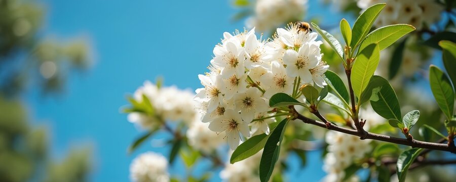 Close up photo of white flower blossoms and green leaves. A honeybee rests on the flower collecting nectar. Sunny day blue sky provides the background. - Powered by Adobe