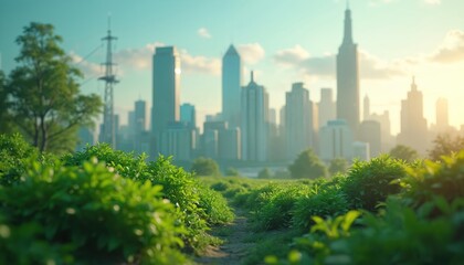 Fototapeta premium Green urban landscape with skyscrapers in background. Rich plants in foreground create path. City skyline mixes nature and modern buildings for eco concept.
